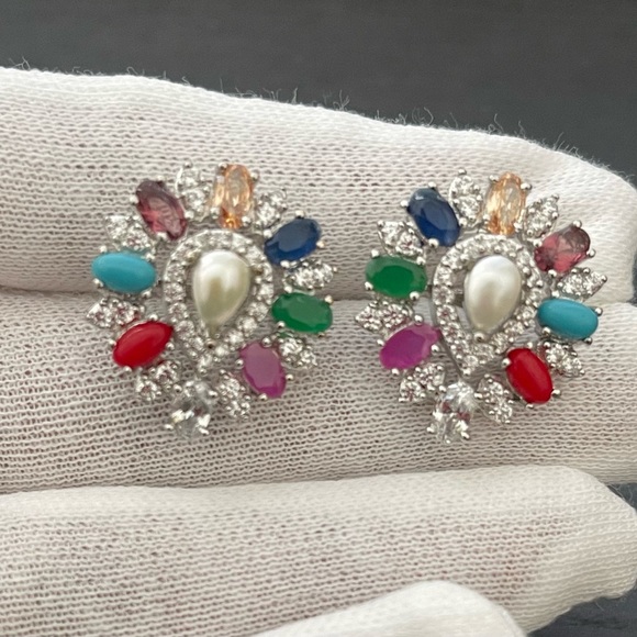 14k White Gold Plated 9 stone Earring - Picture 6 of 6